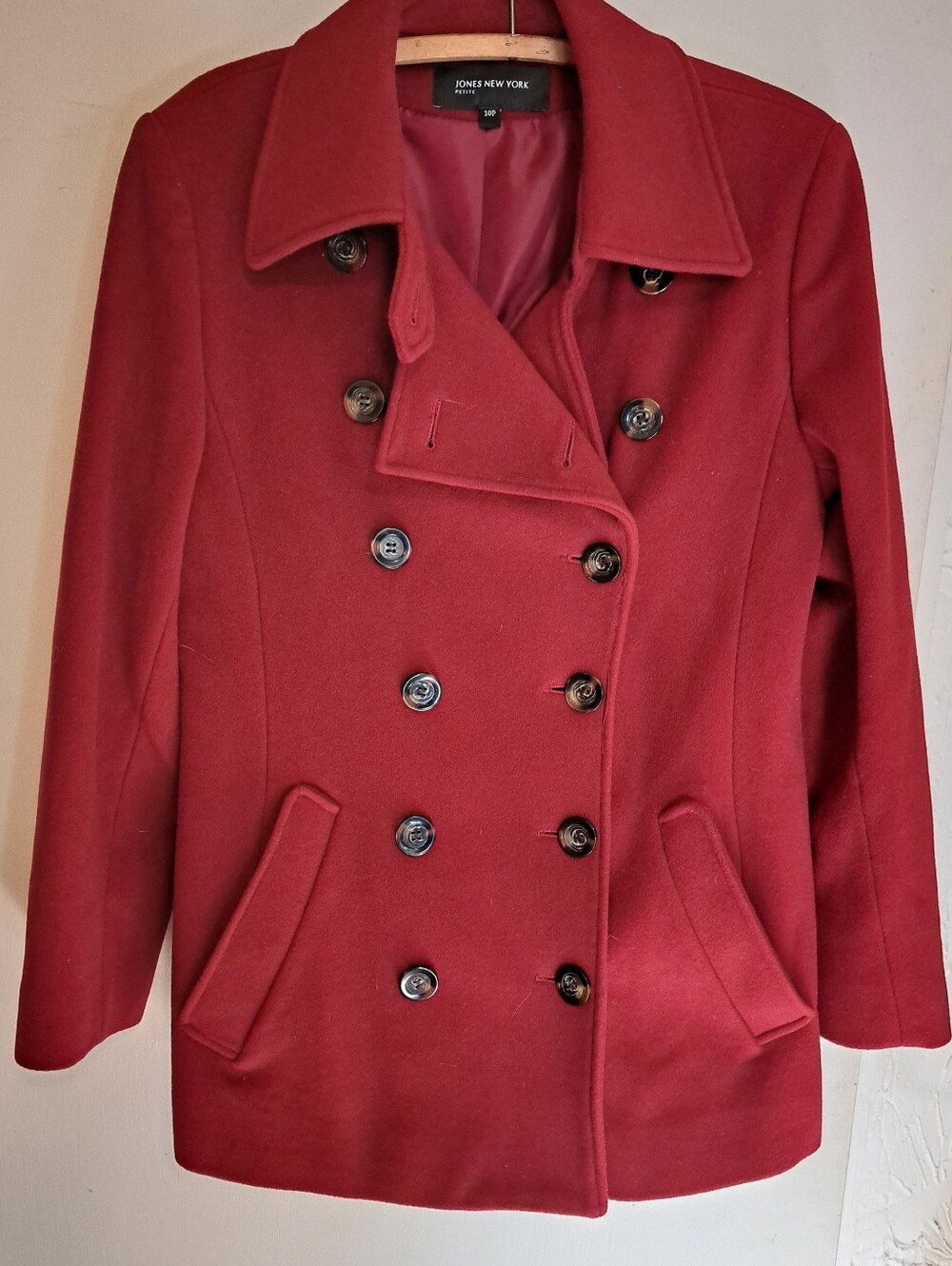 Jones New York Red Double-Breasted Wool Peacoat